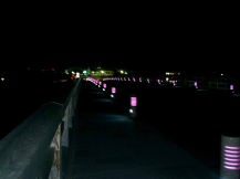 渡月橋のライトアップも桜色